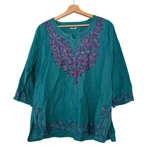 Nepal Cotton Embroidered Tunic Top Teal Blue Boho XL Floral V-Neck Hippie Ethnic